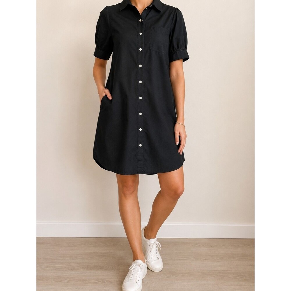 Old Navy Black Cotton Shirt Dress Women's Sz M Button Front Puff Sleeve Pockets
